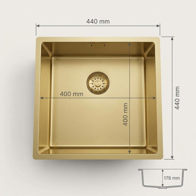 Pure.Sink Comfort PVD Gouden spoelbak 40x40 cm 10mm radius onderbouw, vlakbouw en opbouw PCM4040-60